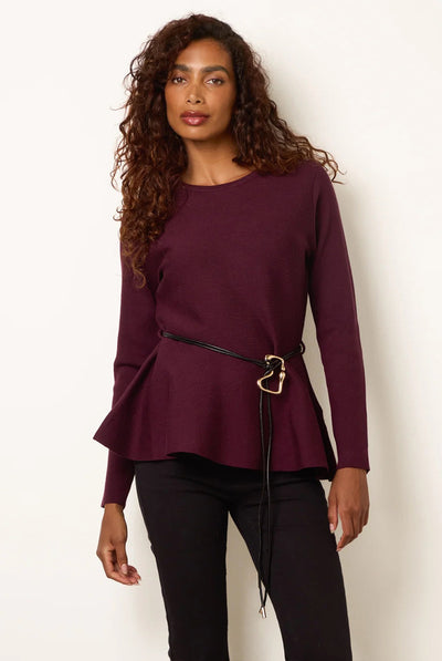 Burgundy - Peplum Jumper With Side Tie Details by Blue Vanilla