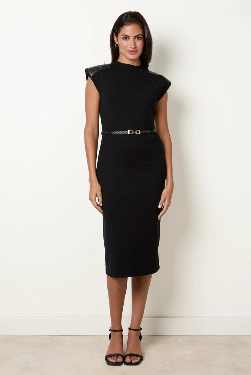 Sleeveless Woven PU Leather Detailed Shoulder Midi Dress With Belt BV4081003