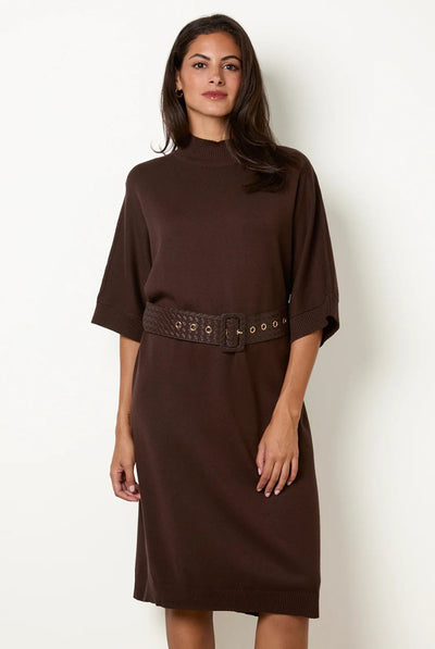 Chocolate - Midi Dress With Woven PU Leather Belt by Blue Vanilla