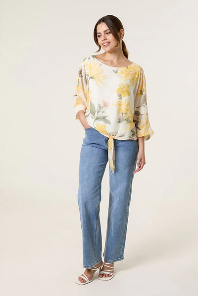 Lemon - Floral Chiffon Batwing Blouse by Blue Vanilla