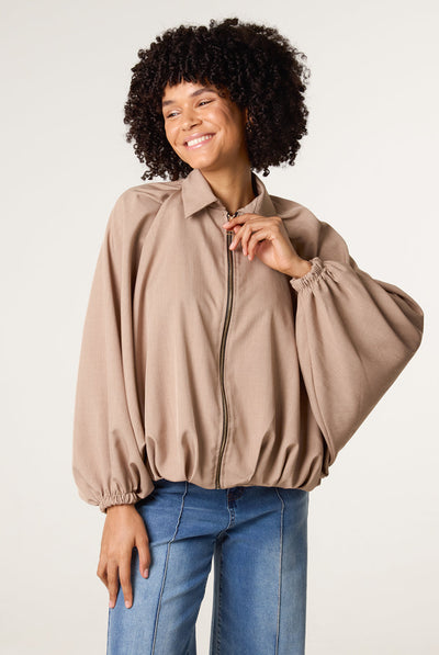 Mocha - Drape Puffball Zipper Jacket by Blue Vanilla