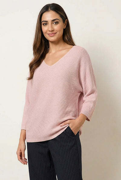 Pink - Metallic V Neck Knitted Ripple Jumper by Blue Vanilla
