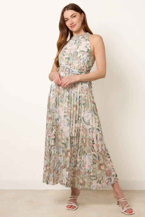 Printed Pleated Dress With Belt by Blue Vanilla