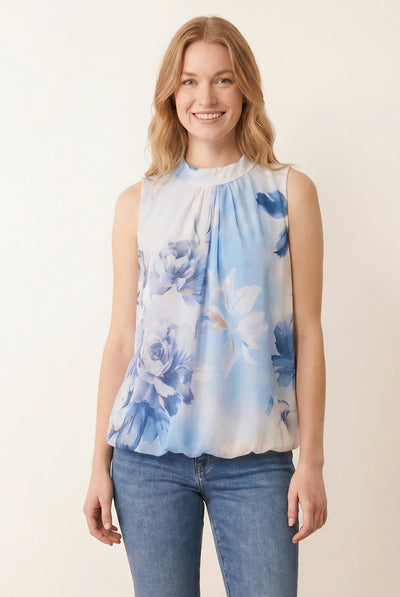 Blue - Sleeveless High Neck Puffball Blouse by Blue Vanilla
