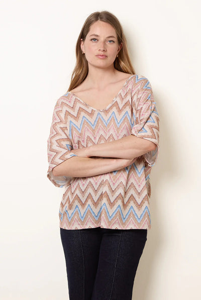 Beige - Zig Zag Metallic Bow Back Top by Blue Vanilla