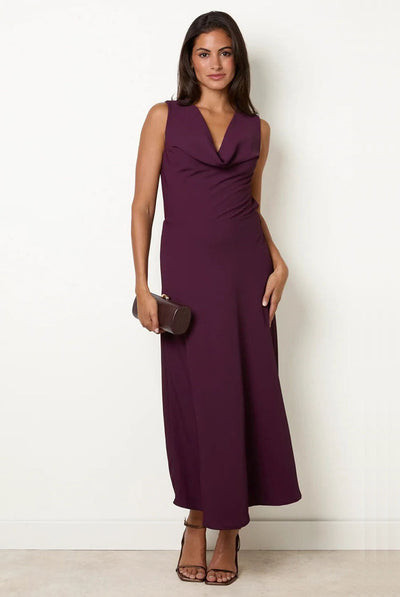 Wine - Draped Cowl Neck Dress by Blue Vanilla