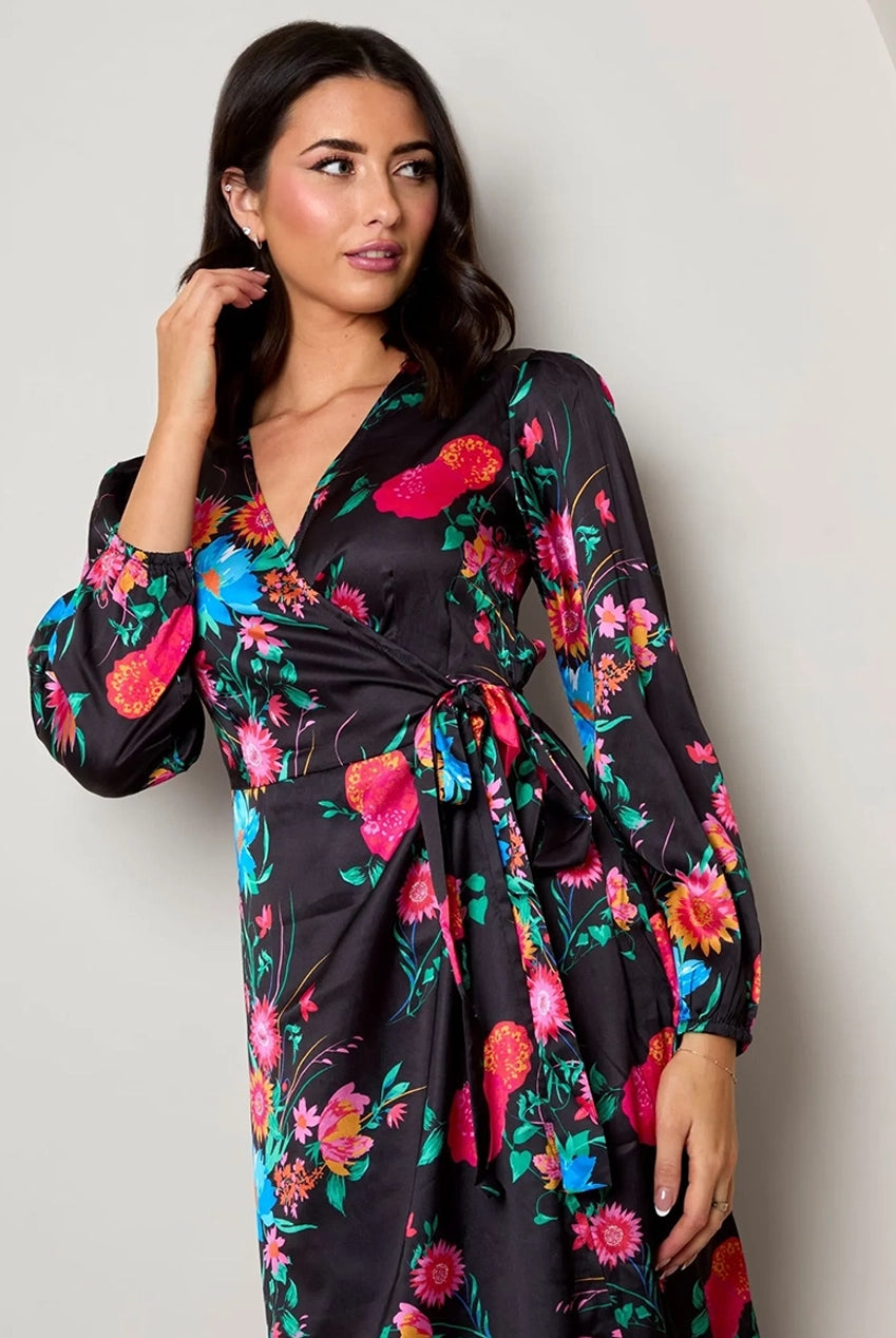 Long Sleeve Floral Wrap Dress In Black BZ055BK