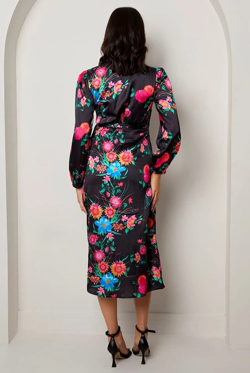 Long Sleeve Floral Wrap Dress In Black BZ055BK