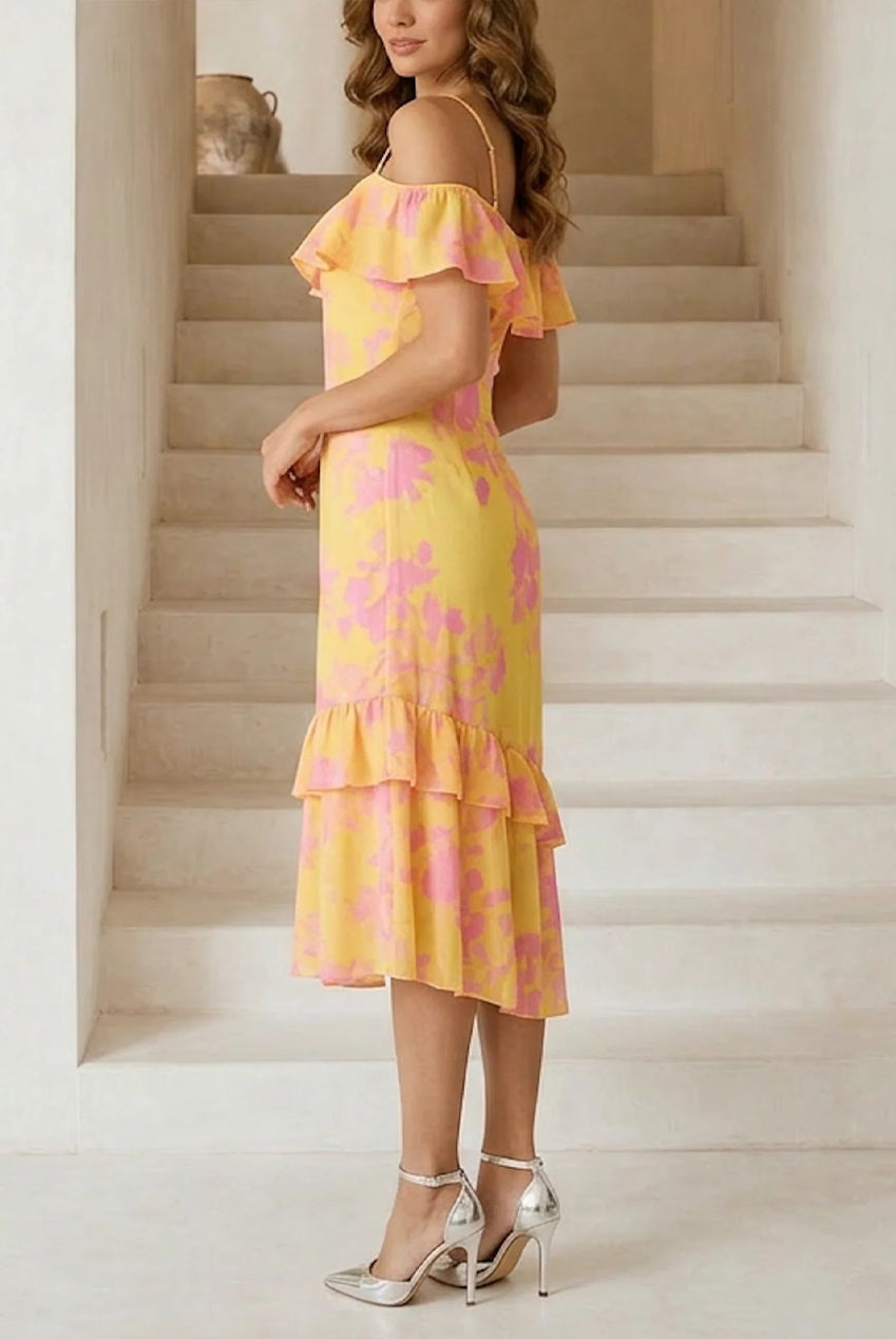 Off The Shoulder Frill Detail Midi Dress In Yellow BZ2334YL