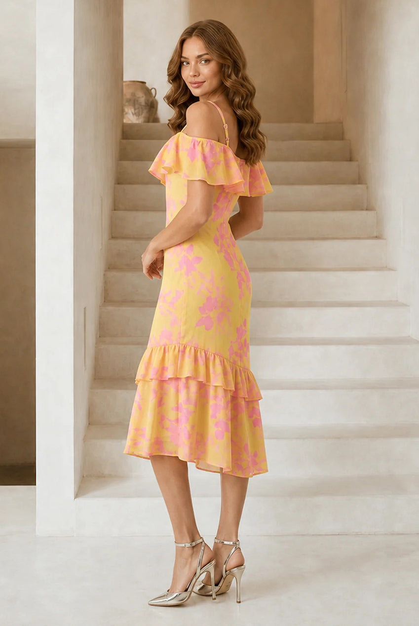 Off The Shoulder Frill Detail Midi Dress In Yellow BZ2334YL