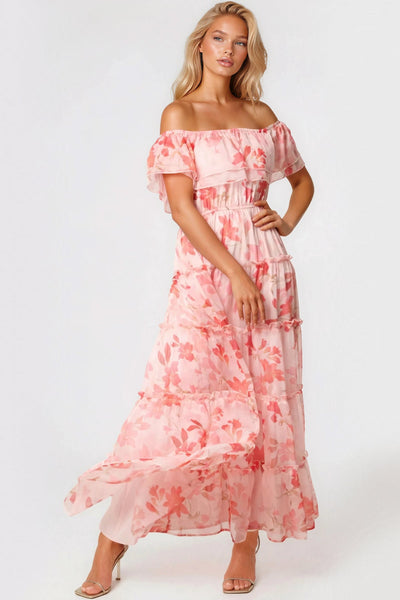 Pink - Pink Floral Bardot Tiered Maxi Dress by Aftershock London