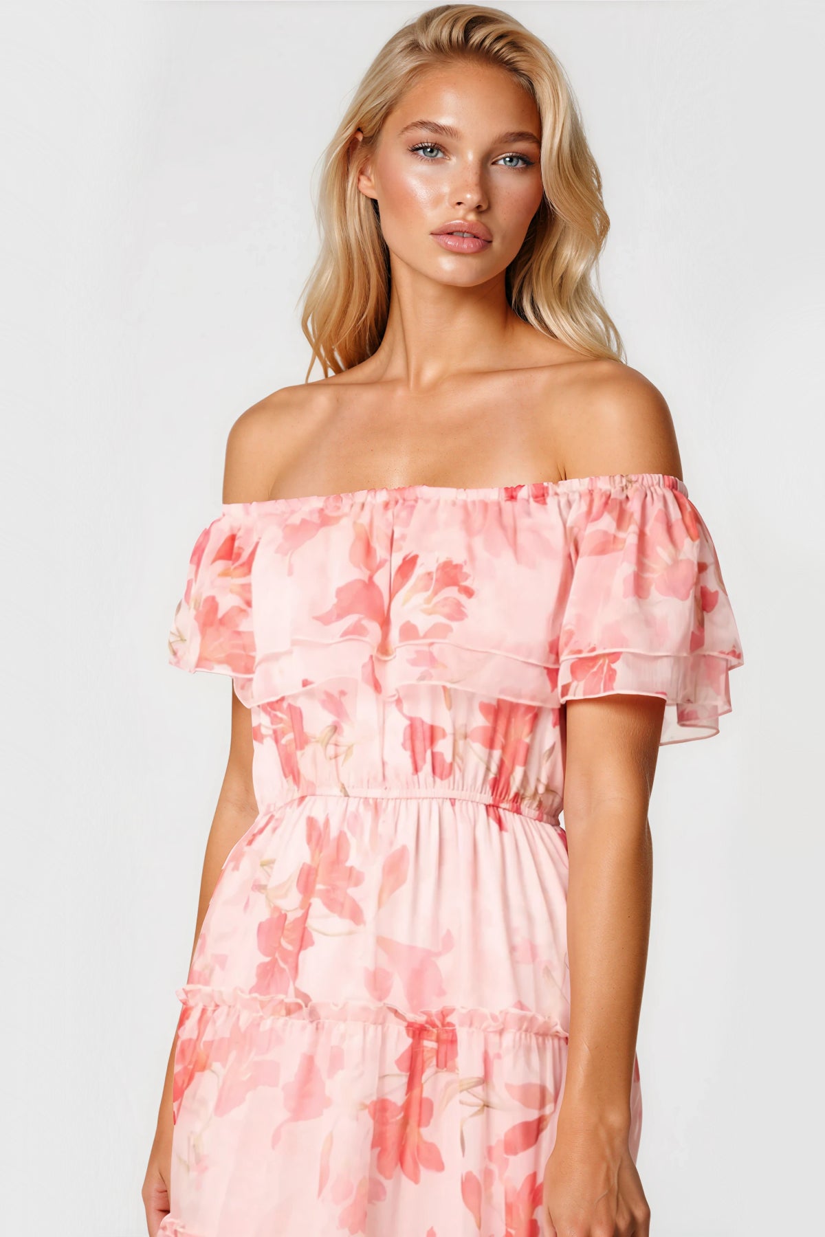 Pink Floral Bardot Tiered Maxi Dress ALNL269862075