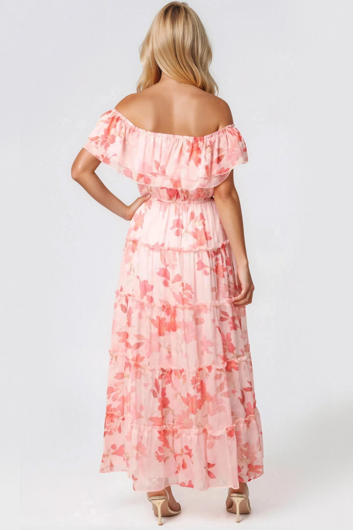 Pink Floral Bardot Tiered Maxi Dress ALNL269862075