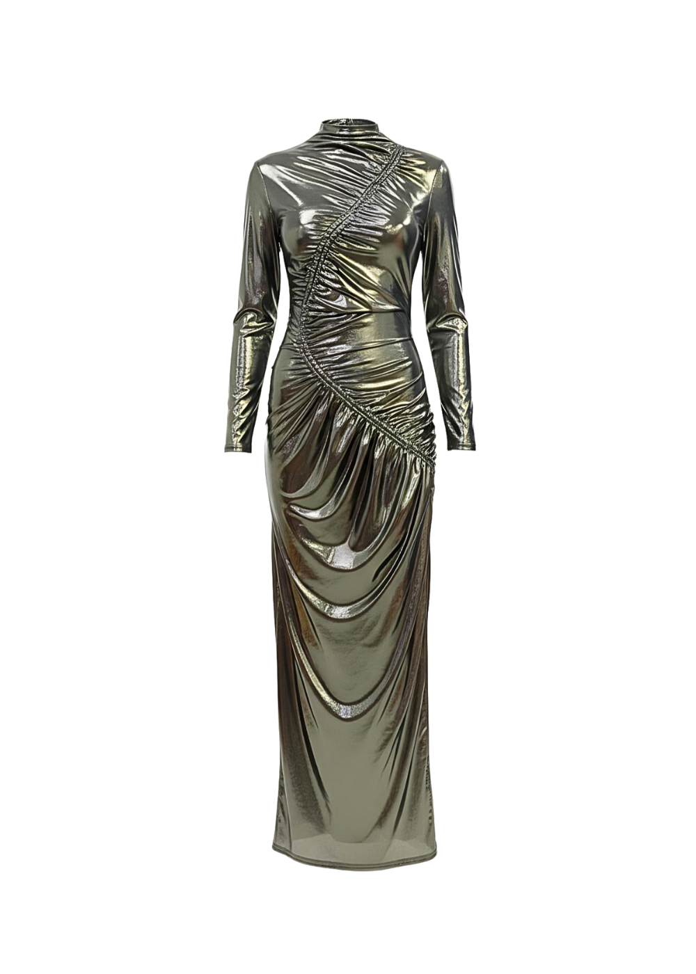 Black Gold Venechia Foil Deep Tail Gathered Maxi Dress AV-NDR1413BG