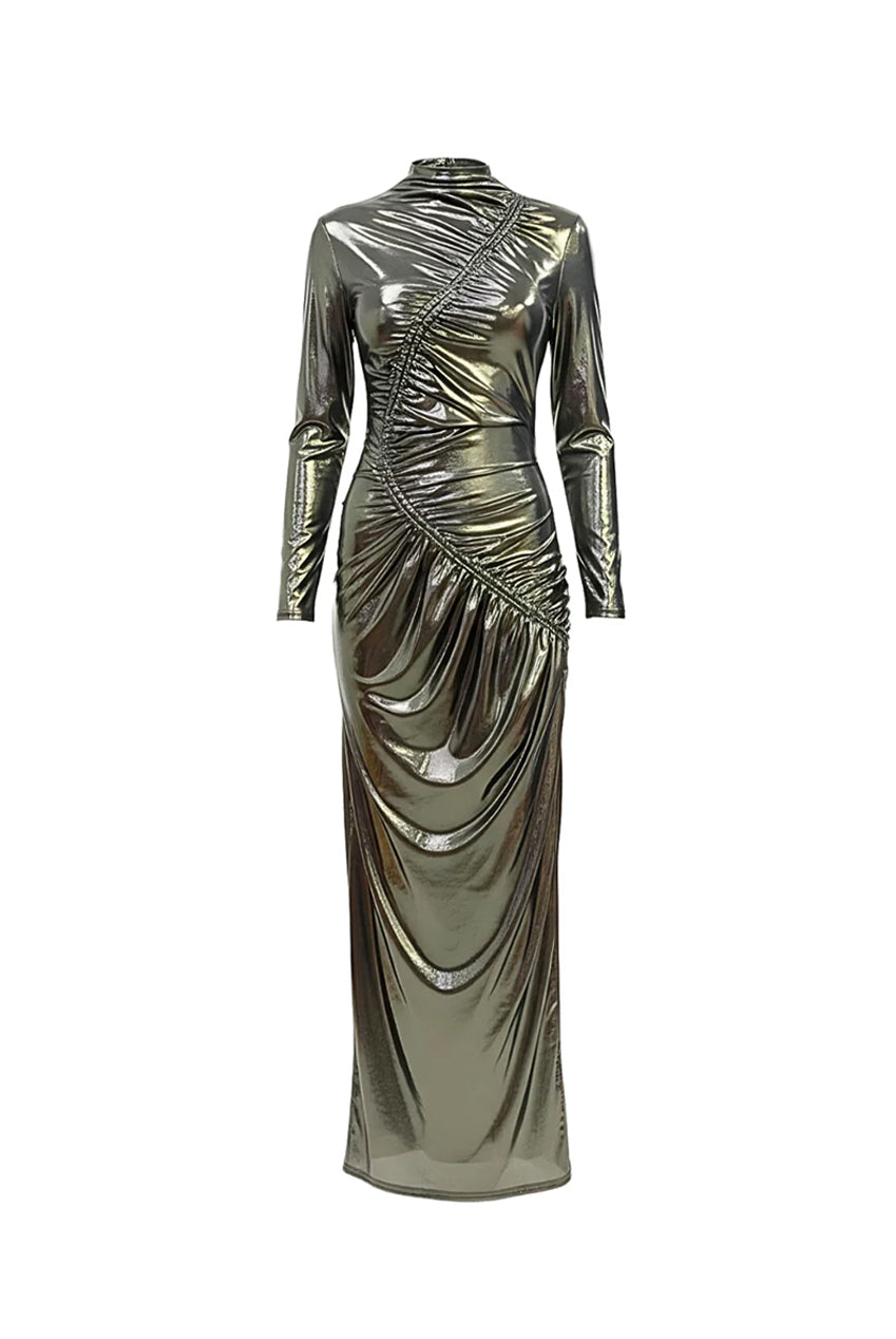 Black Gold Venechia Foil Deep Tail Gathered Maxi Dress AV-NDR1413BG