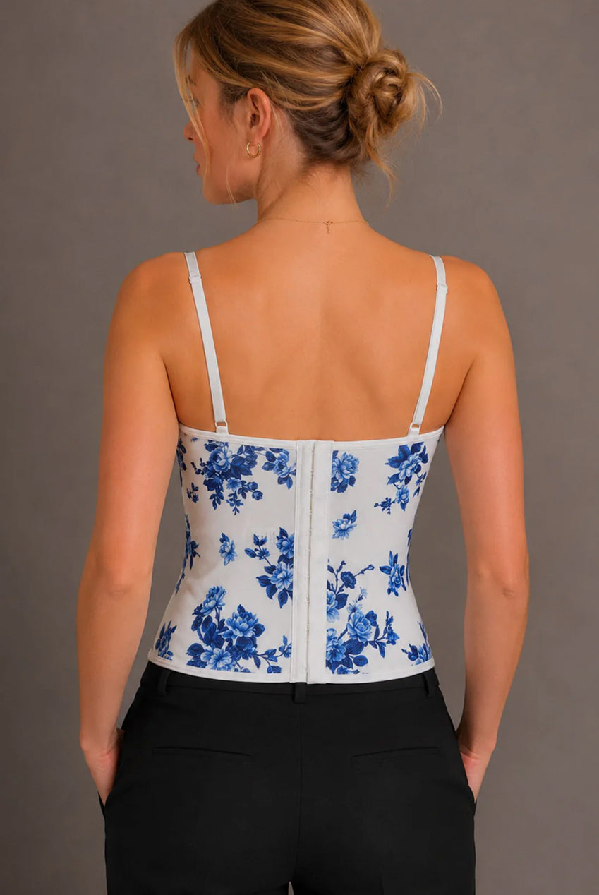 Blue Floral Lace Corset Top With Adjustable Straps AVCH-1111