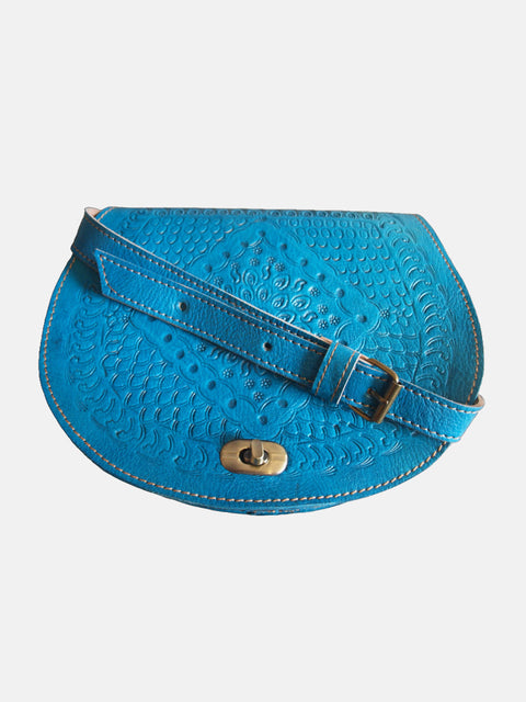 The Temara Embossed Saddle Bag In Bright Blue by Berber Leather
