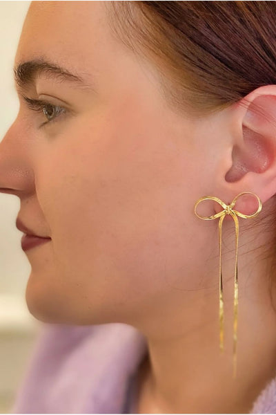 Gold - Bow Earrings Long Gold Earrings by QueenMee Accessories
