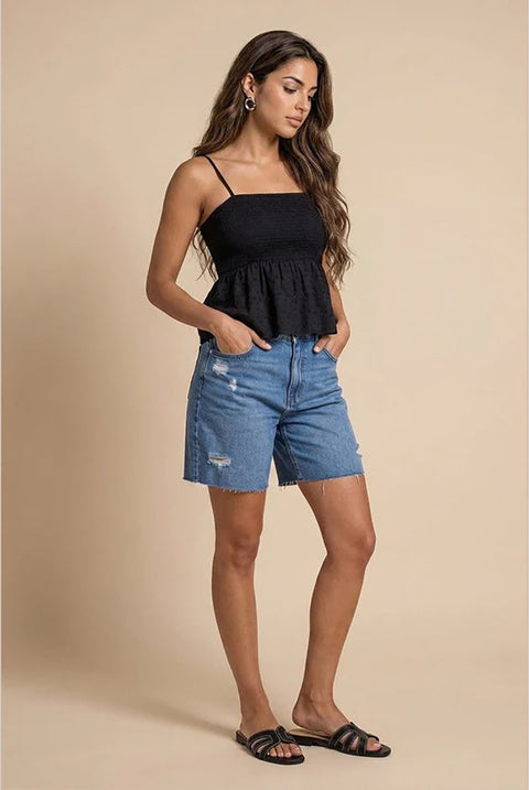 Shirred Brodiery Top Black by Urban Bliss