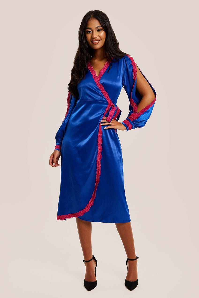 Royal Blue Satin Midi Wrap Dress With Lace Details And Sleeve Slits C21-LIQ23AW074