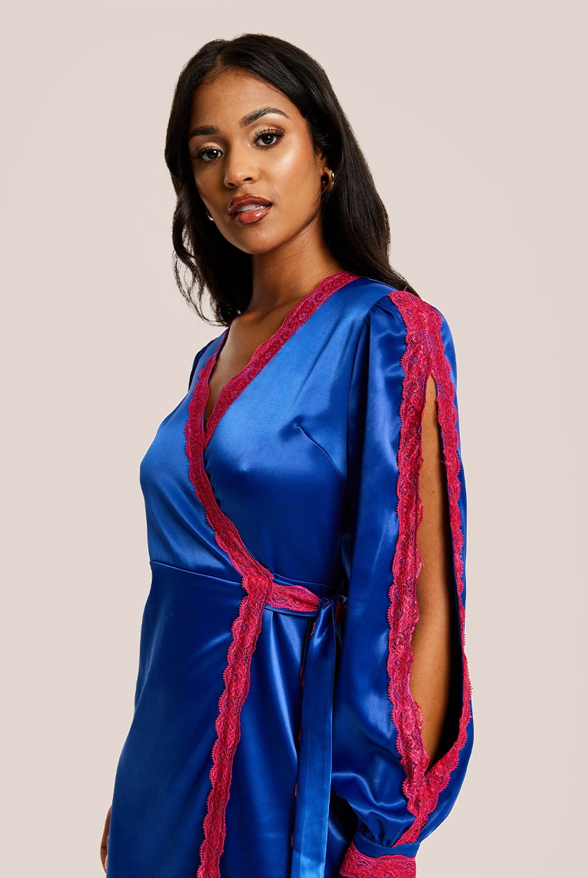 Royal Blue Satin Midi Wrap Dress With Lace Details And Sleeve Slits C21-LIQ23AW074