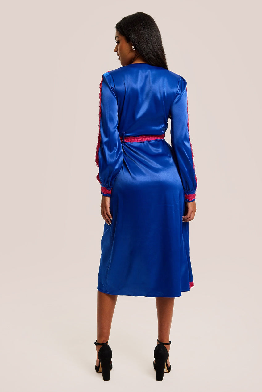 Royal Blue Satin Midi Wrap Dress With Lace Details And Sleeve Slits C21-LIQ23AW074