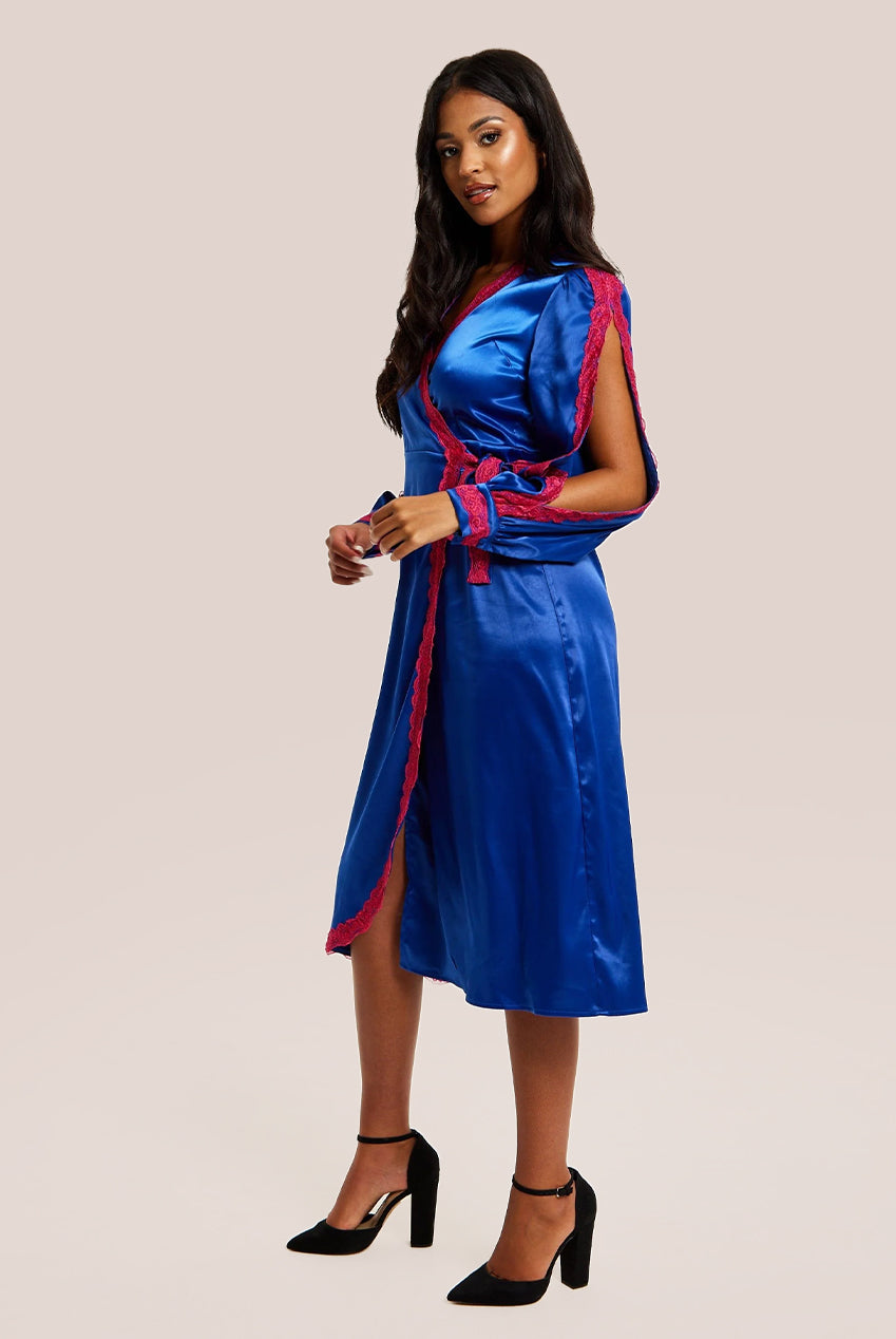 Royal Blue Satin Midi Wrap Dress With Lace Details And Sleeve Slits C21-LIQ23AW074