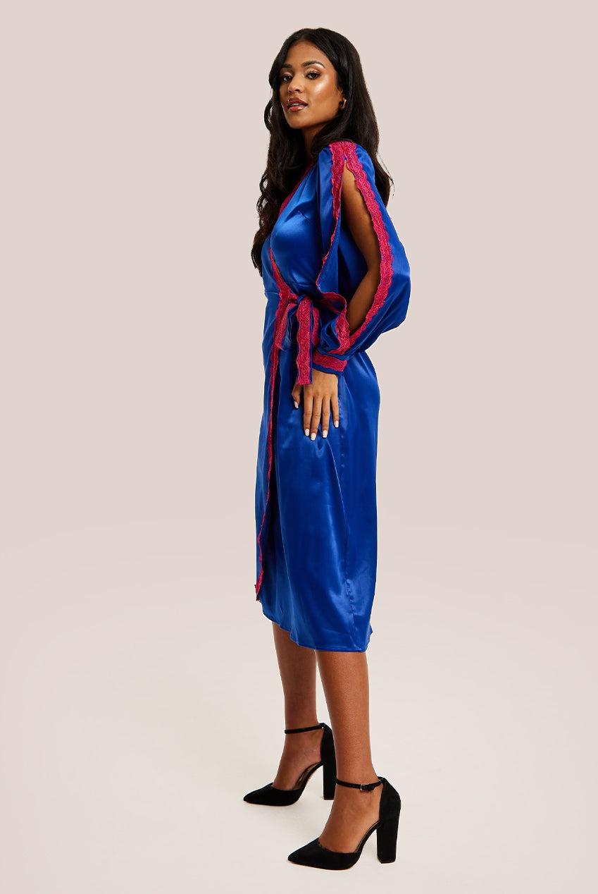 Royal Blue Satin Midi Wrap Dress With Lace Details And Sleeve Slits C21-LIQ23AW074