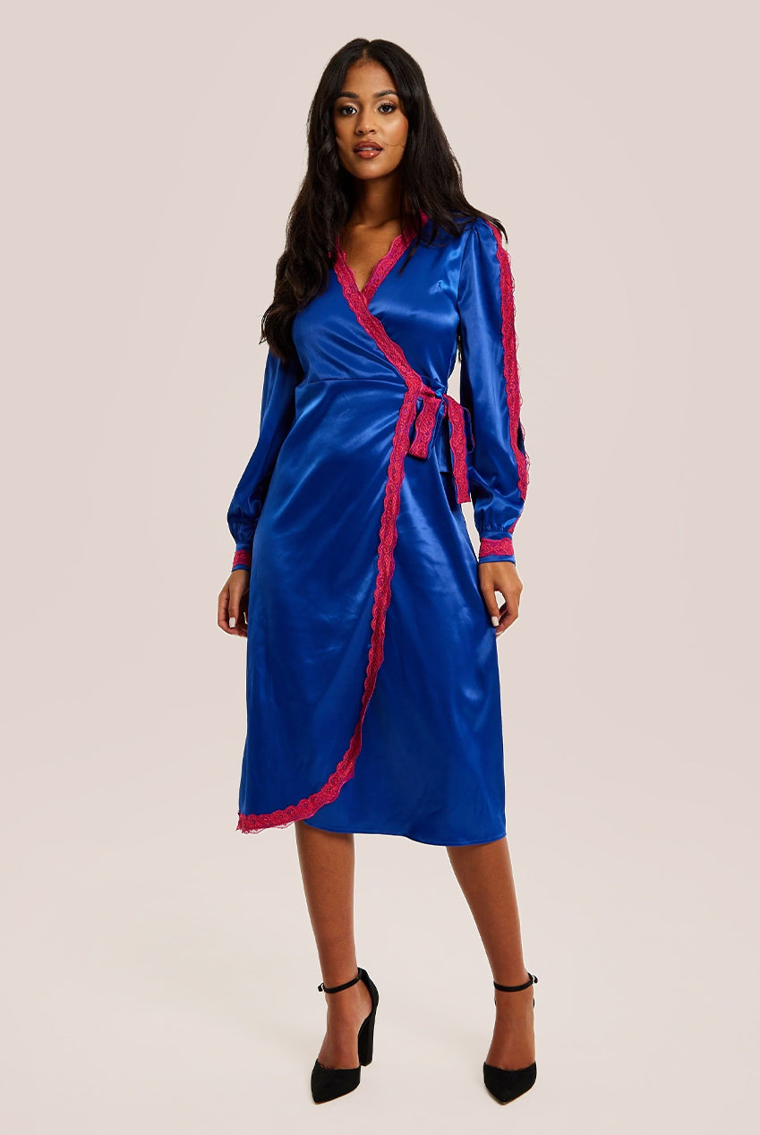 Royal Blue Satin Midi Wrap Dress With Lace Details And Sleeve Slits C21-LIQ23AW074