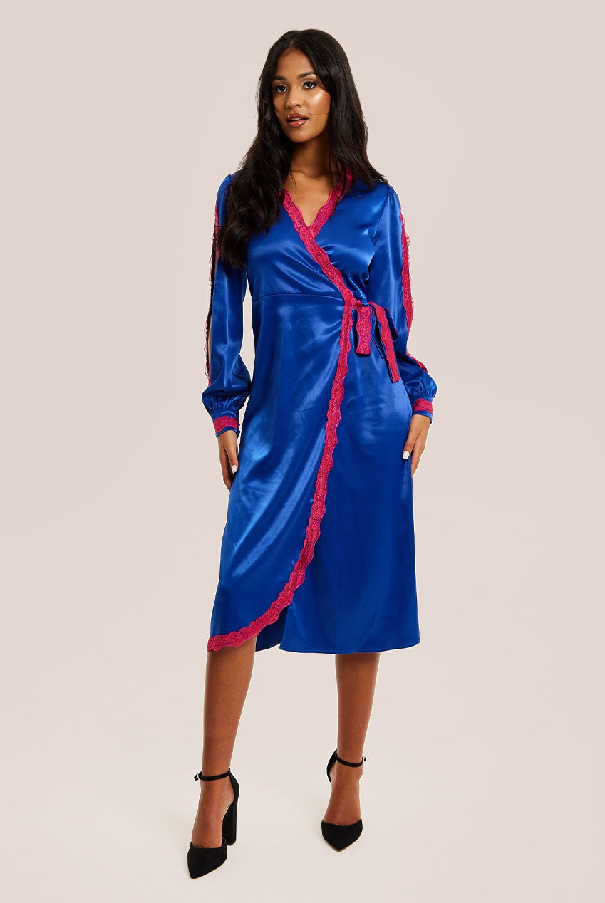 Royal Blue Satin Midi Wrap Dress With Lace Details And Sleeve Slits C21-LIQ23AW074