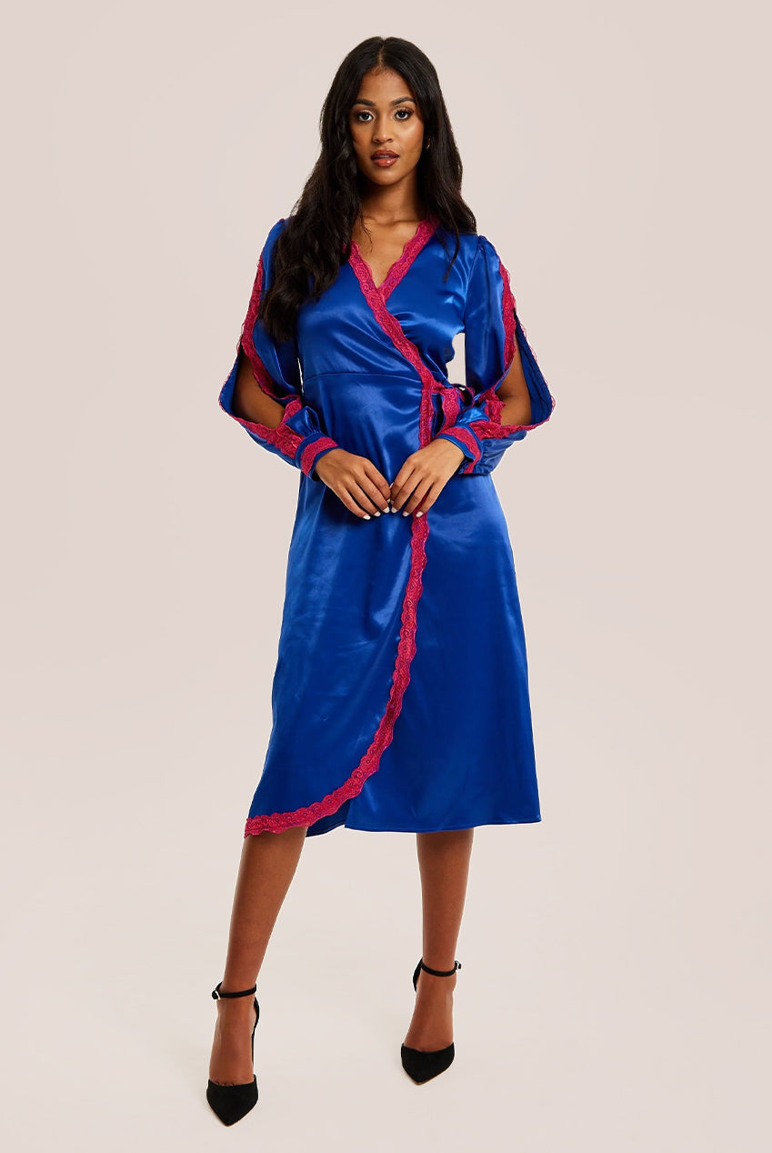 Royal Blue Satin Midi Wrap Dress With Lace Details And Sleeve Slits C21-LIQ23AW074