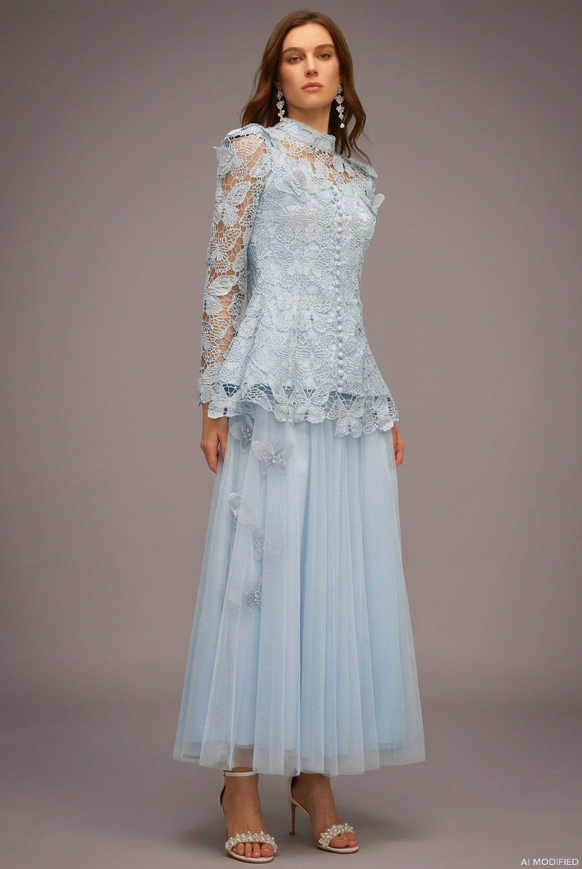 Sabina Long Sleeve Folds Lace Butterfly Top And Skirt Two-Piece Set C250300235