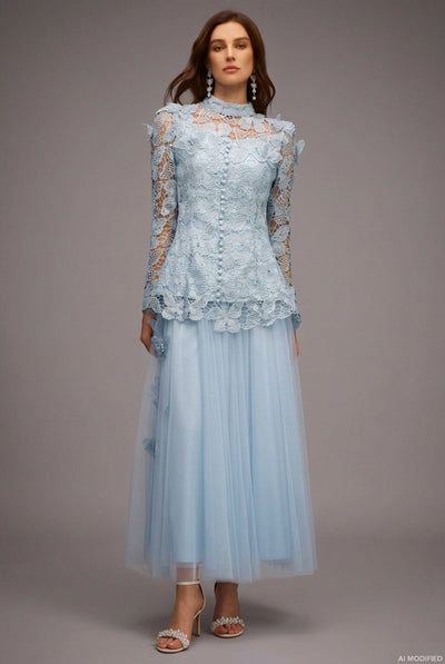 Blue - Sabina Long Sleeve Folds Lace Butterfly Top And Skirt Two-Piece Set by Bella Barnett