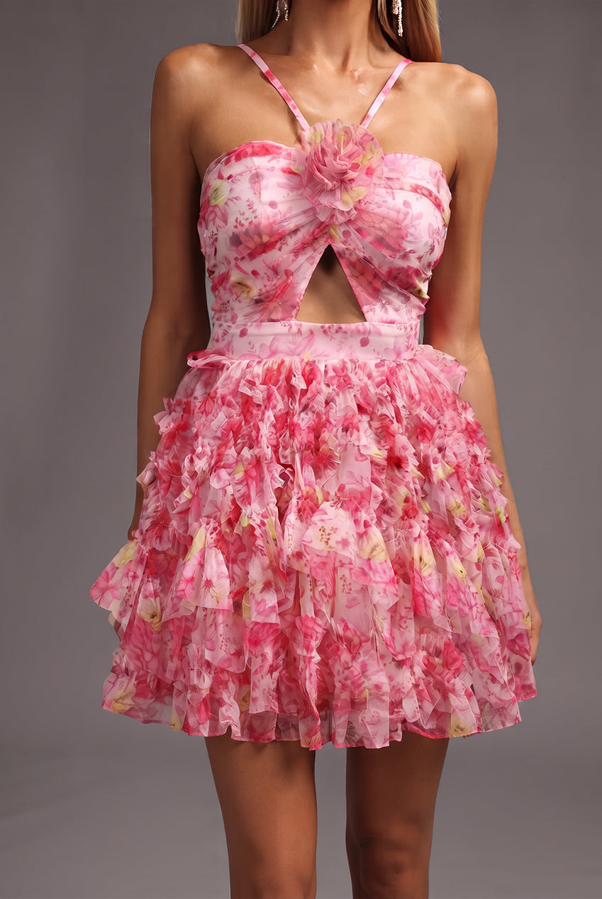Daware Sleeveless Flower Printed Hollow Out Folds Mini Dress C250300261