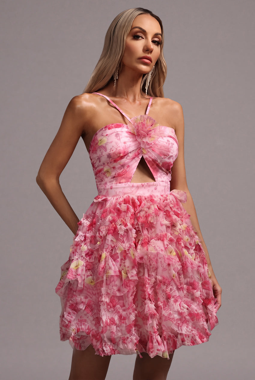 Daware Sleeveless Flower Printed Hollow Out Folds Mini Dress C250300261