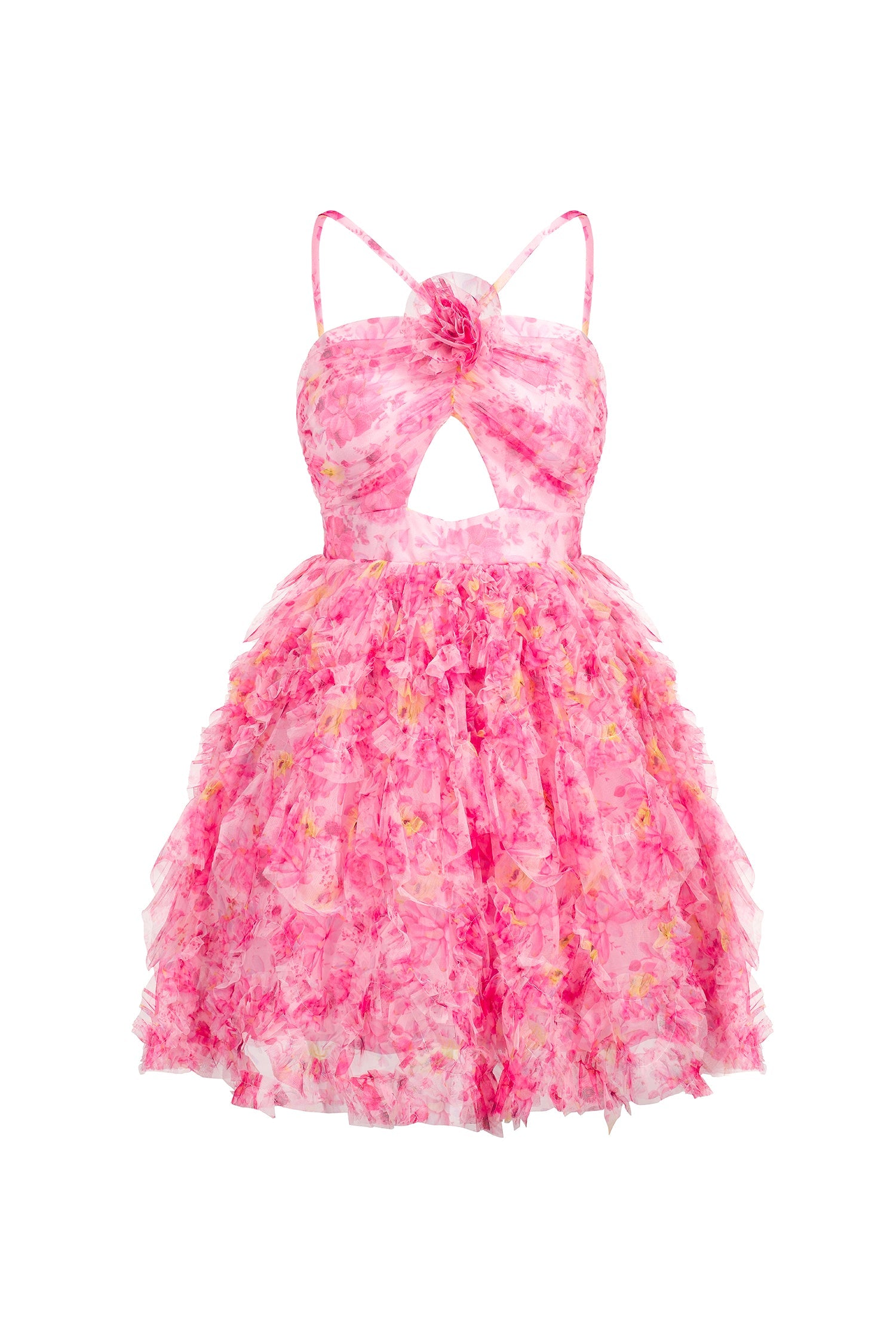 Daware Sleeveless Flower Printed Hollow Out Folds Mini Dress C250300261