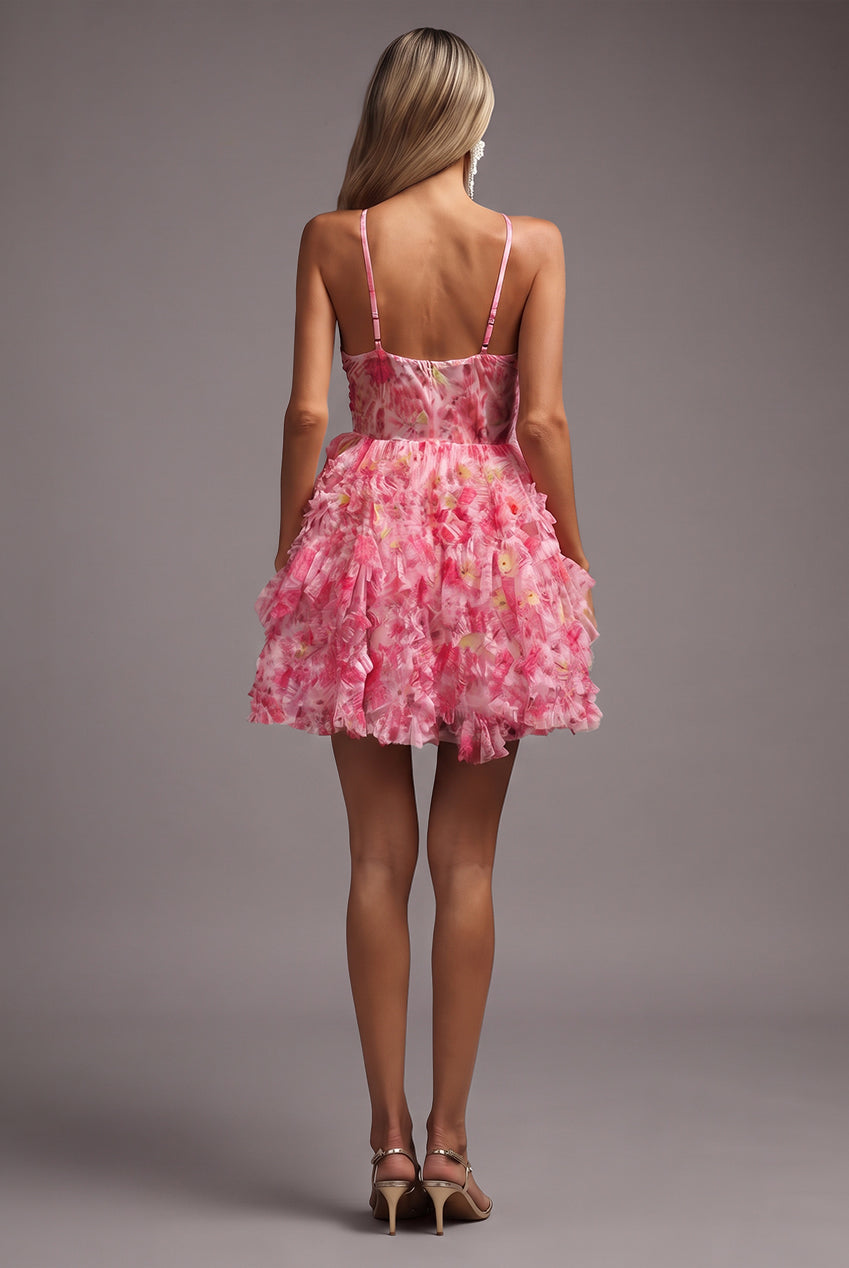 Daware Sleeveless Flower Printed Hollow Out Folds Mini Dress C250300261
