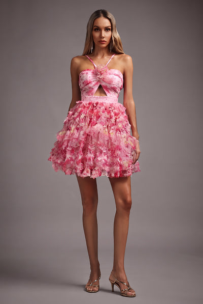 Pink - Daware Sleeveless Flower Printed Hollow Out Folds Mini Dress by Bella Barnett