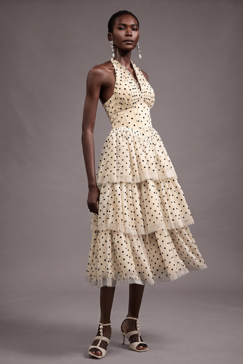 Julieta Sleeveless Dot Printed Layered Folds Midi Dress by Bella Barnett