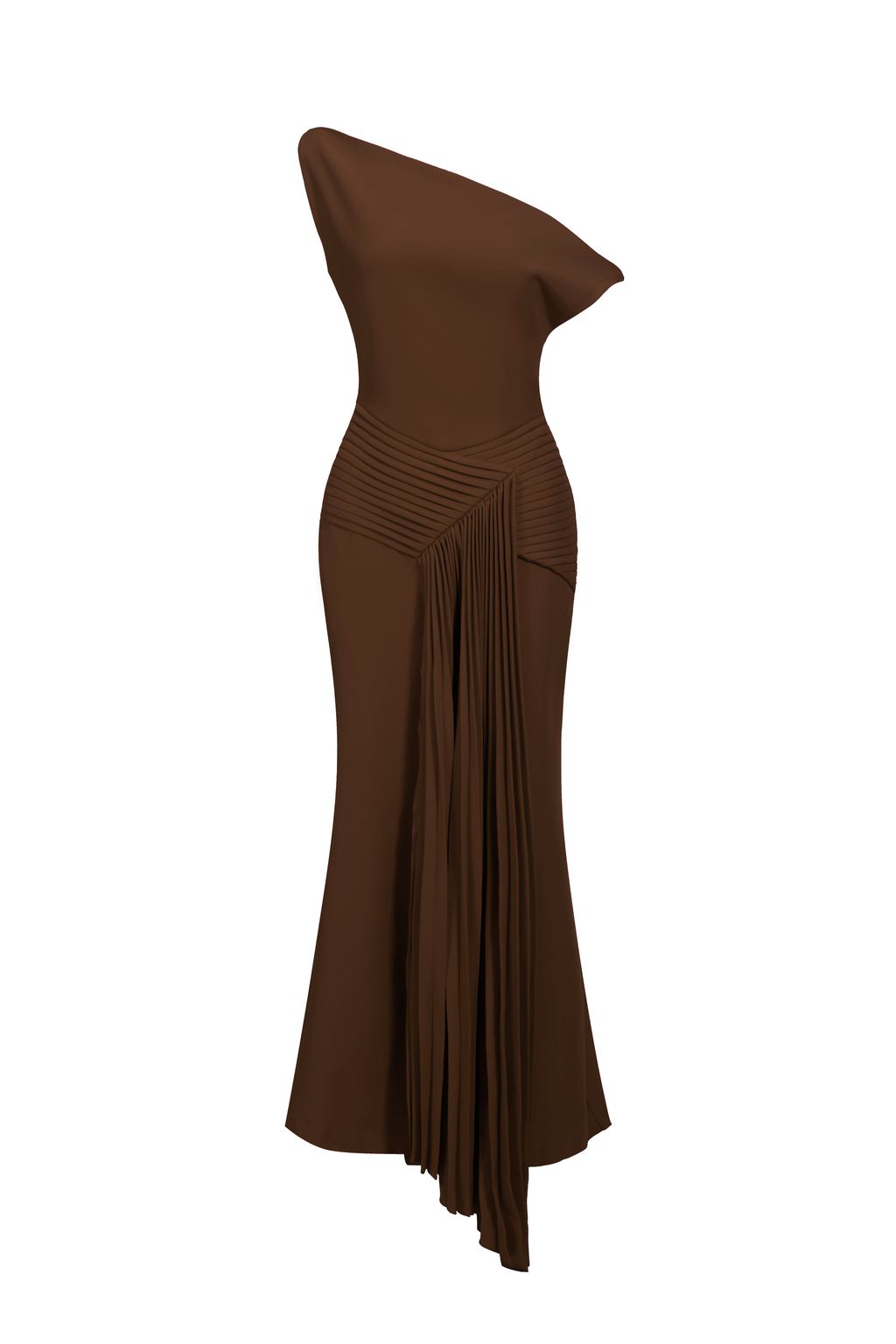 Paulina Oblique Shoulder Sleeveless Folds Brown Midi Dress C250300341