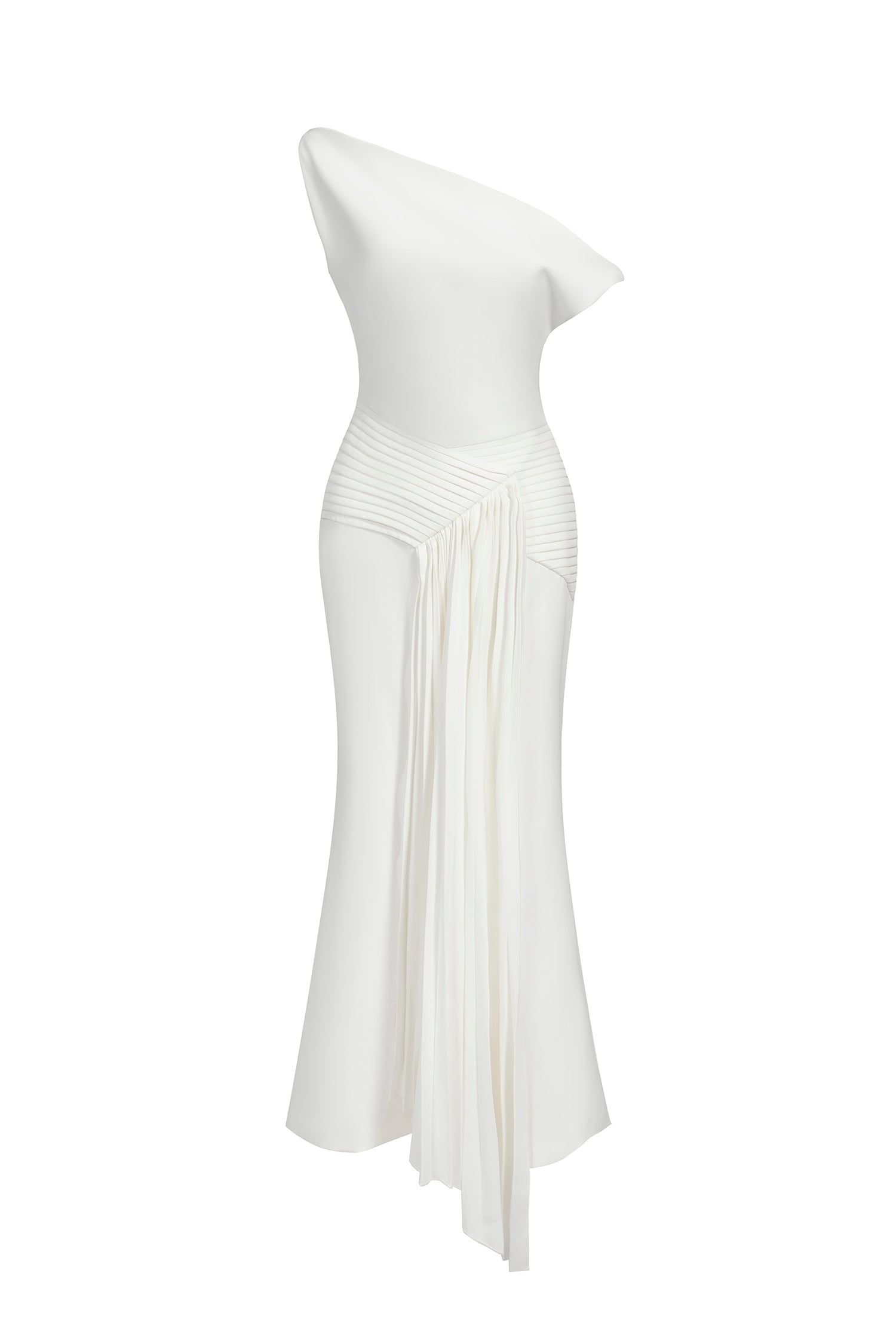 Paulina Oblique Shoulder Sleeveless Folds White Midi Dress C250300341
