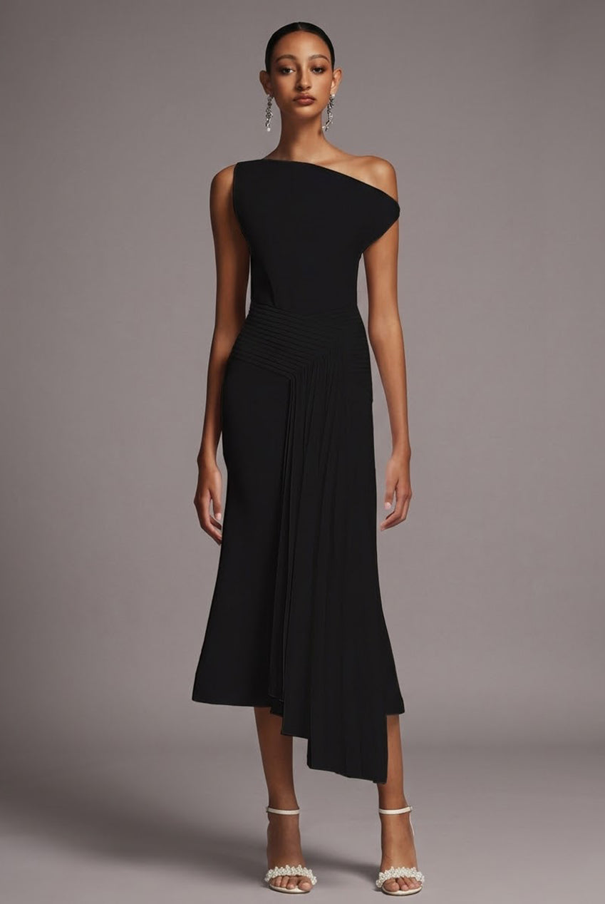 Juny Oblique Shoulder Sleeveless Folds Midi Dress C250300341