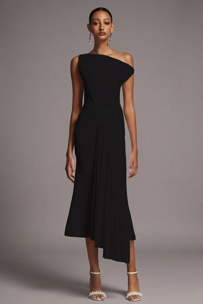 Juny Oblique Shoulder Sleeveless Folds Midi Dress by Bella Barnett