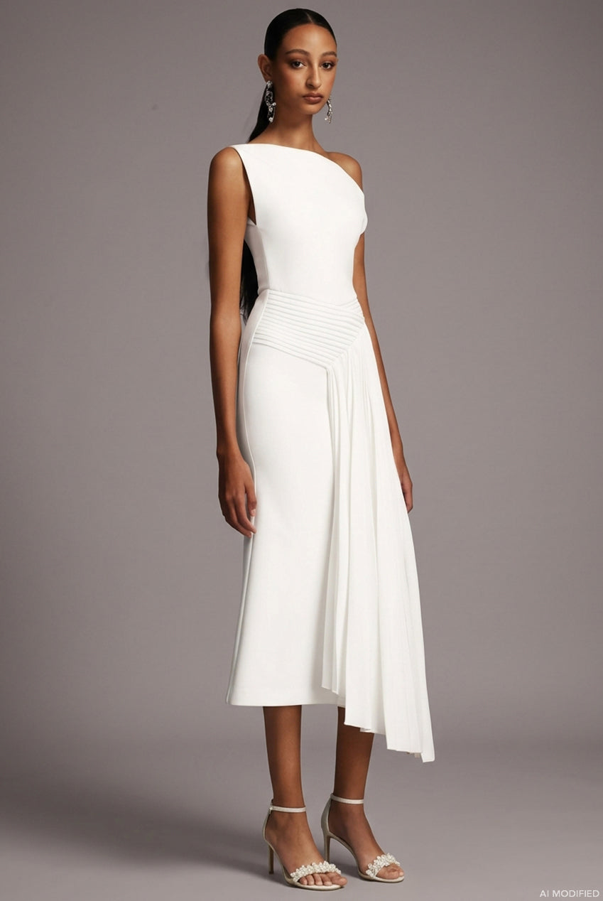 Paulina Oblique Shoulder Sleeveless Folds White Midi Dress C250300341