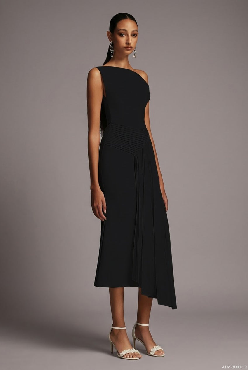 Juny Oblique Shoulder Sleeveless Folds Midi Dress C250300341