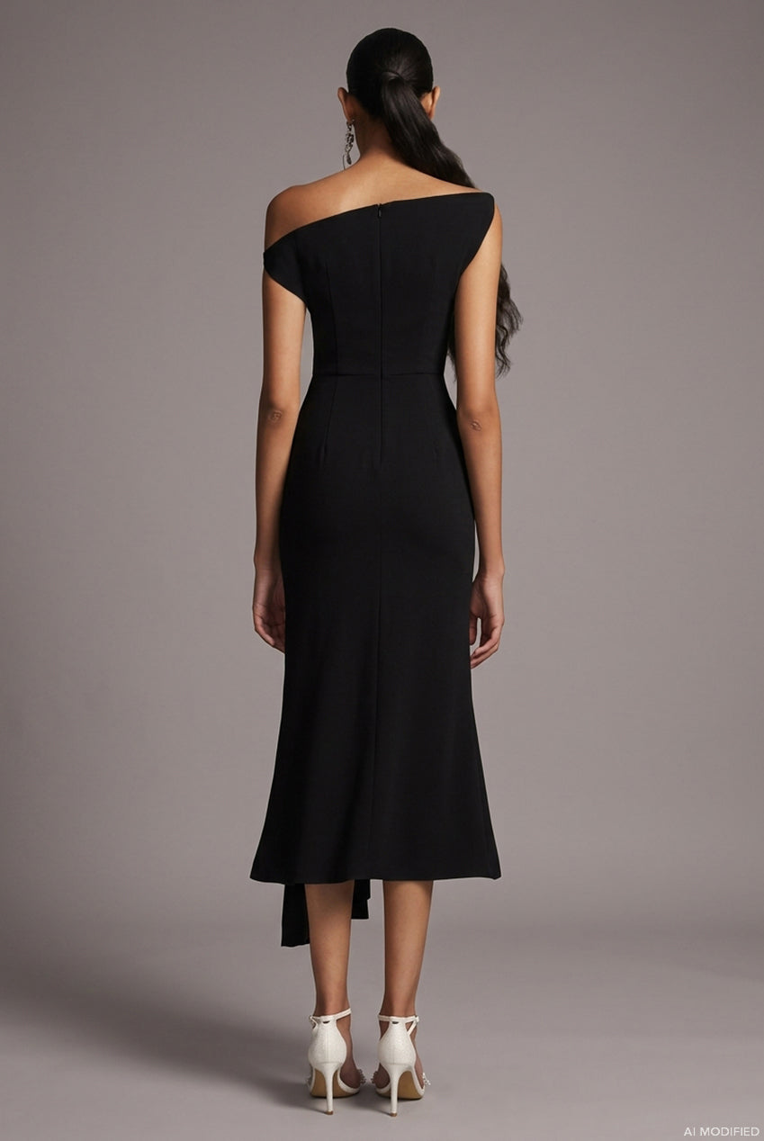 Juny Oblique Shoulder Sleeveless Folds Midi Dress C250300341