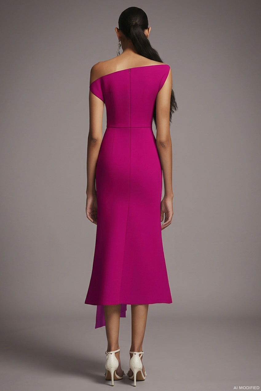 Paulina Oblique Shoulder Sleeveless Folds RosePink Midi Dress C250300341