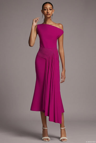 Paulina Oblique Shoulder Sleeveless Folds RosePink Midi Dress by Bella Barnett