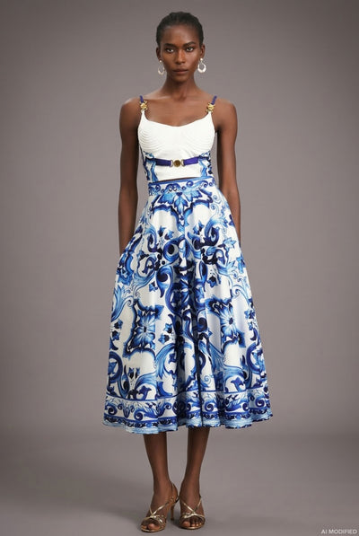 Blue - Kaona Halter Floral Printed Top And Skirt Two-Piece Set by Bella Barnett