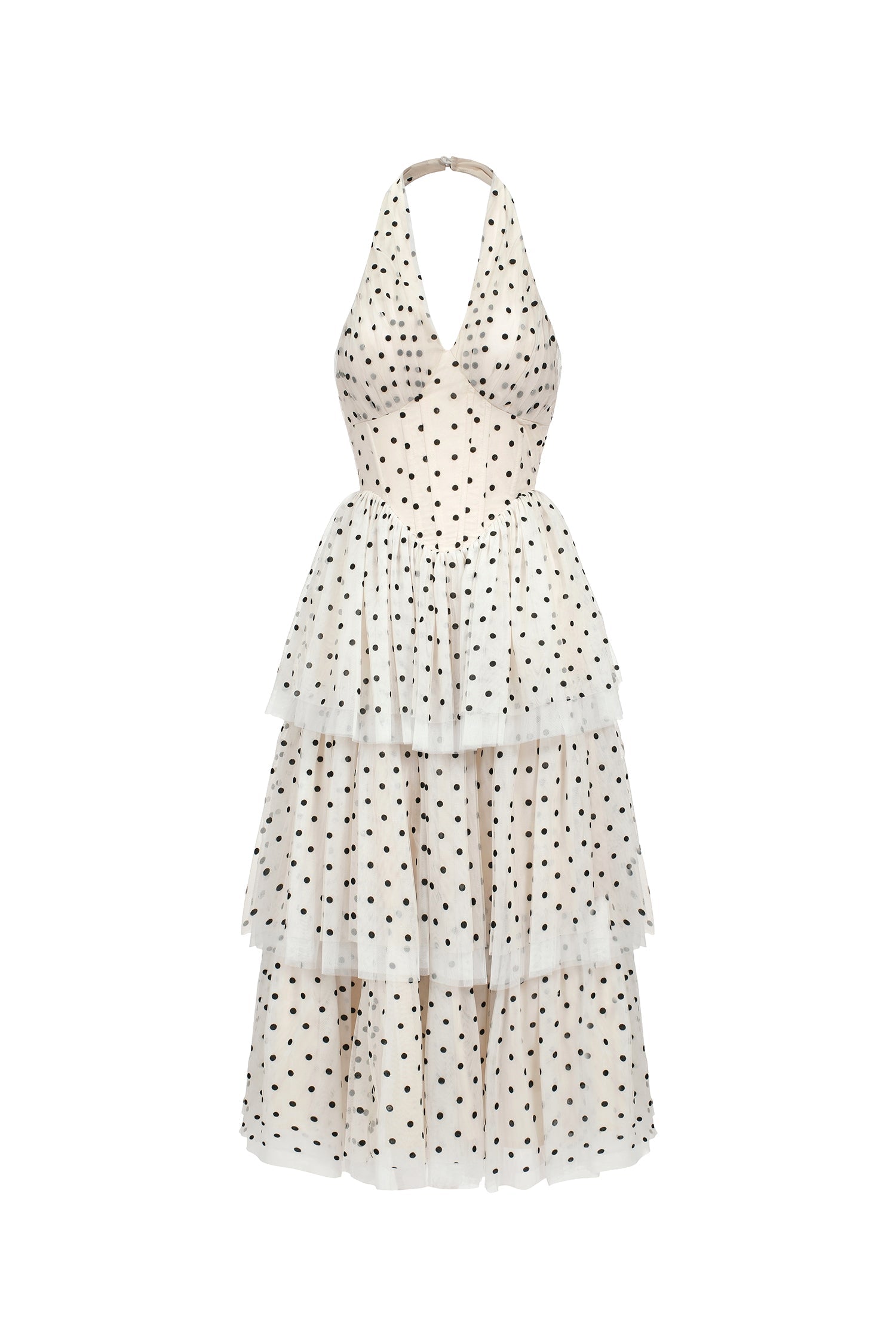 Julieta Sleeveless Dot Printed Layered Folds Midi Dress C250500002